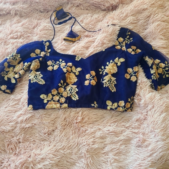 Royal Blue Lehenga Blouse With Gold Detailing - Picture 2 of 10